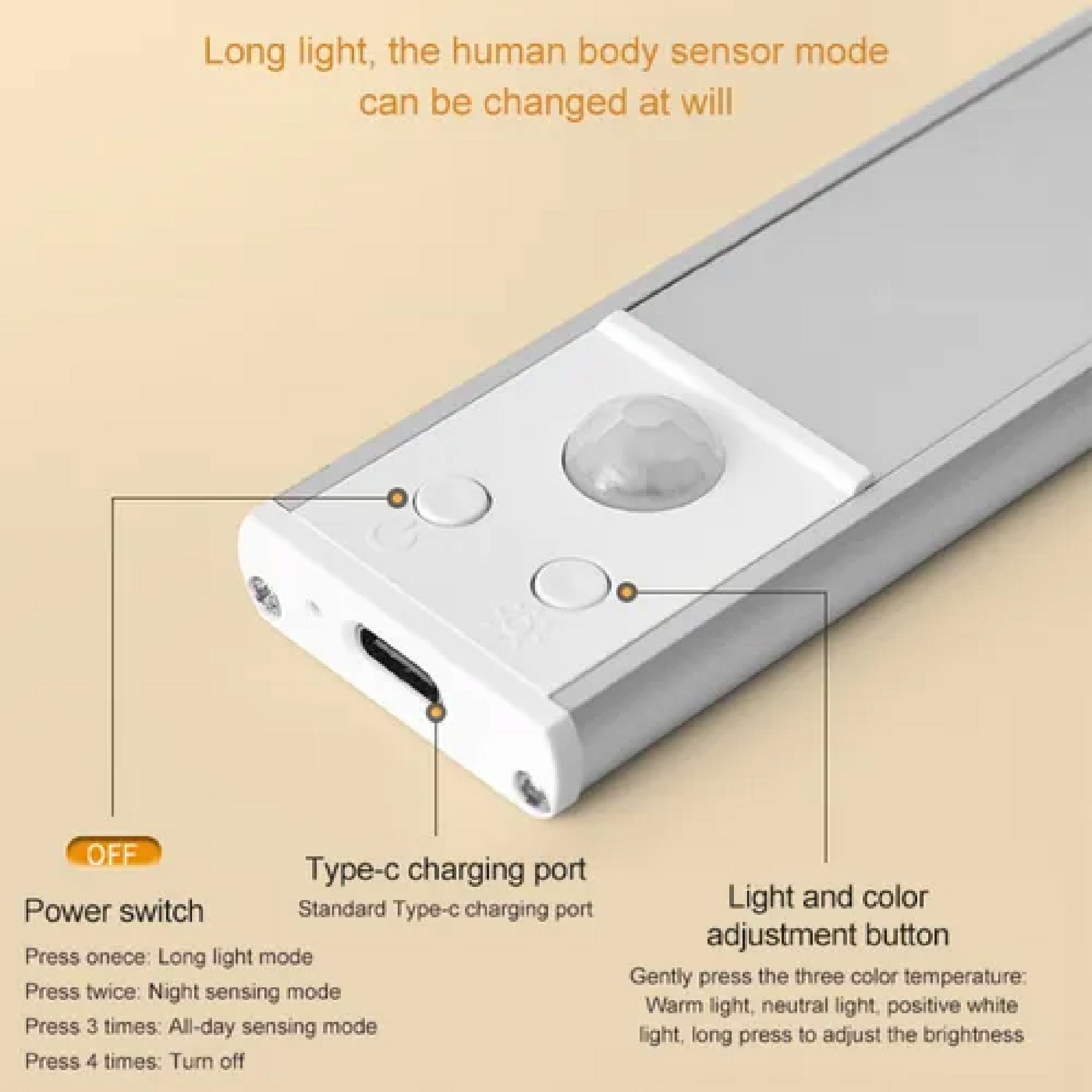 Luz 4 LED para Gabinete con Sensor de Movimiento - 3 Temperaturas de Color - USB Recargable