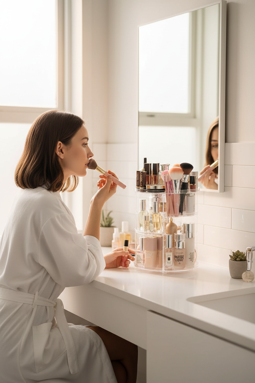 Aplicando maquillaje con organizador compacto