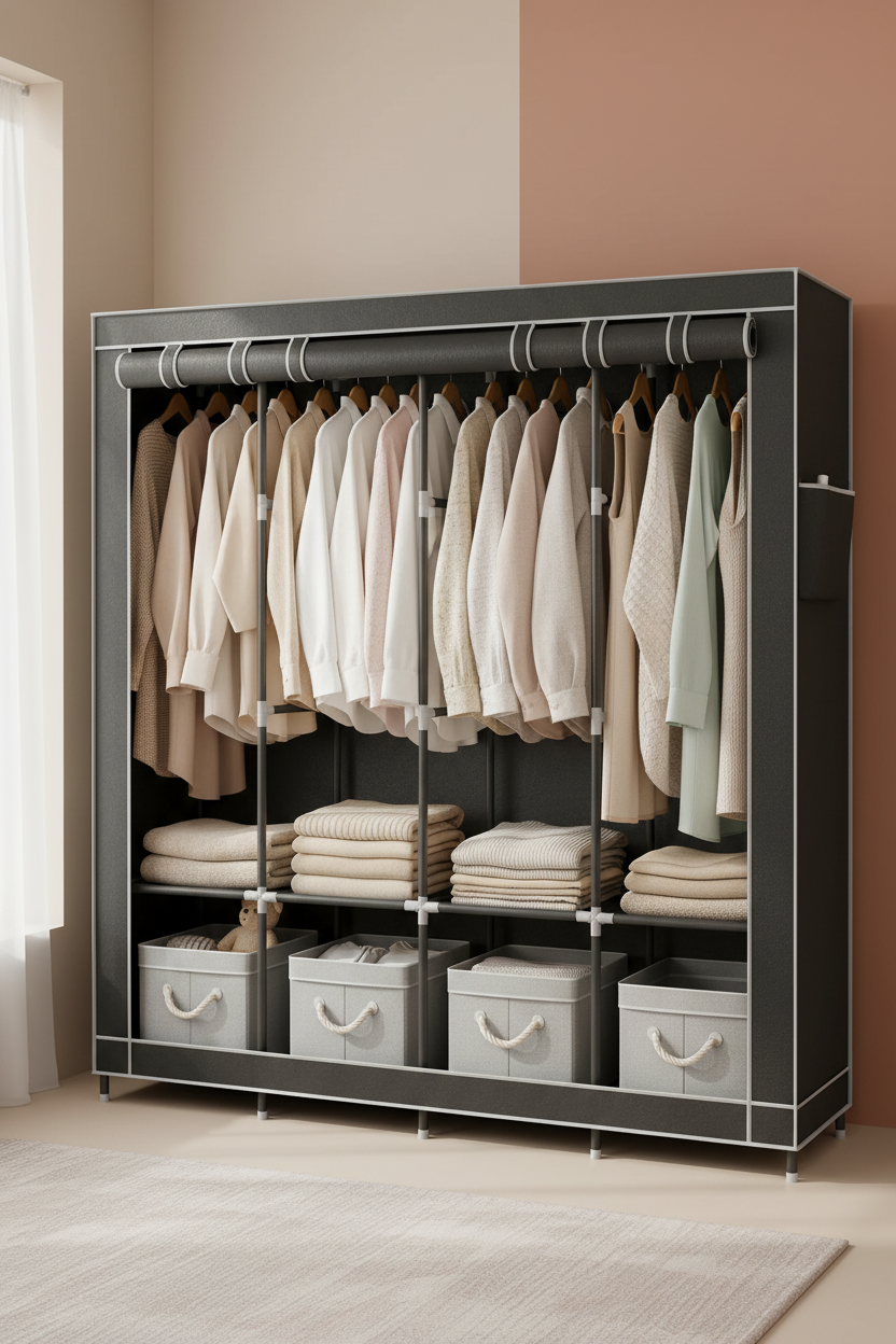 Closet portátil negro organizado con ropa