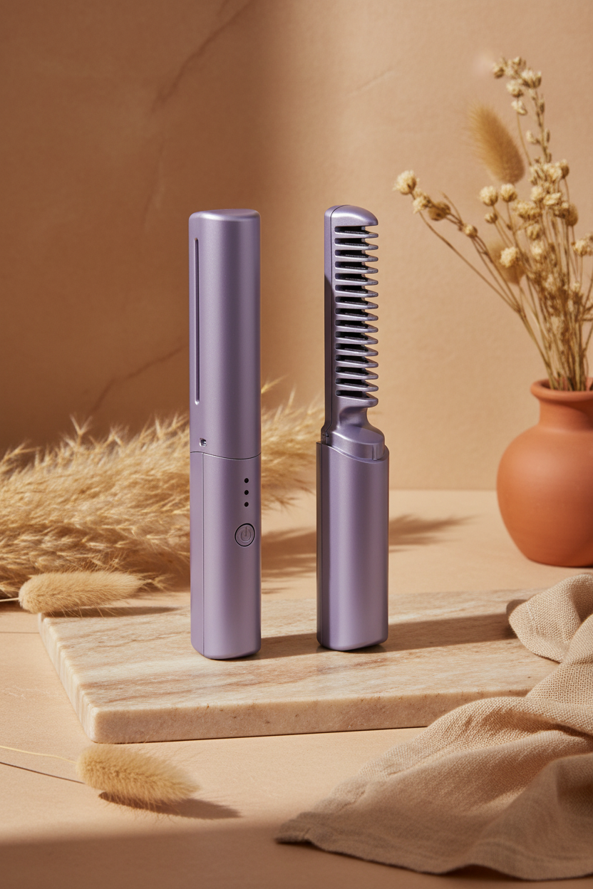 Peine alisador mini lila sobre superficie de mármol beige con props naturales