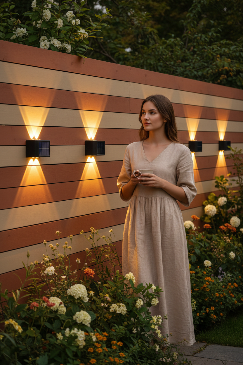 Mujer disfrutando jardín iluminado con lámparas solares de pared