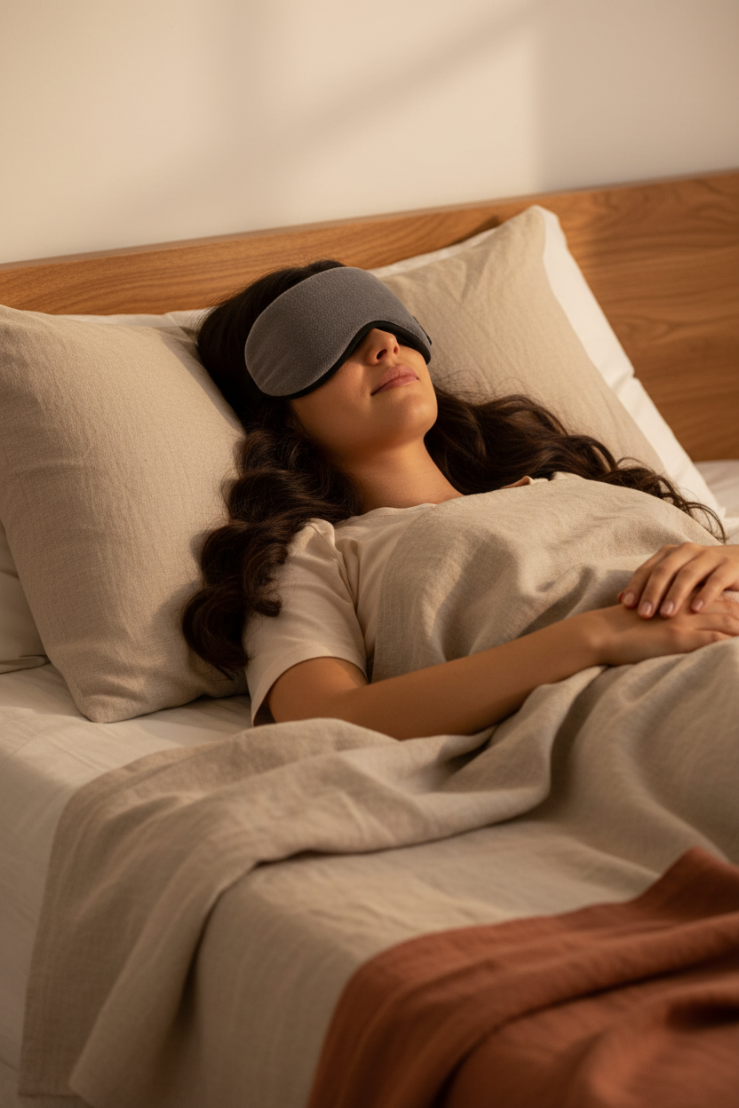 Modelo latina durmiendo con antifaz bluetooth