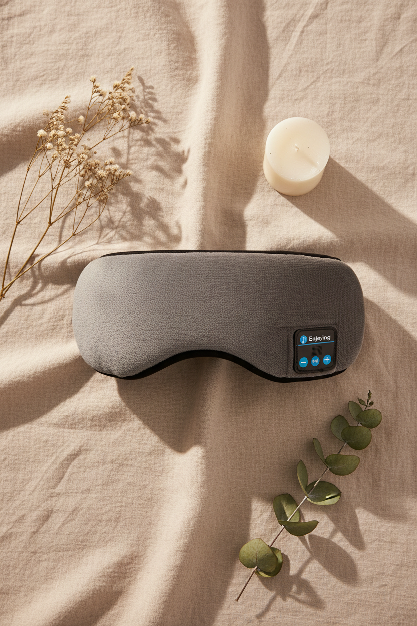 Flat lay antifaz bluetooth con vela y eucalipto