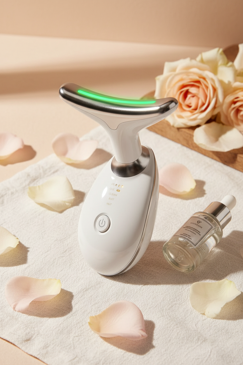 Masajeador facial LED verde con serum y pétalos – flat lay skincare