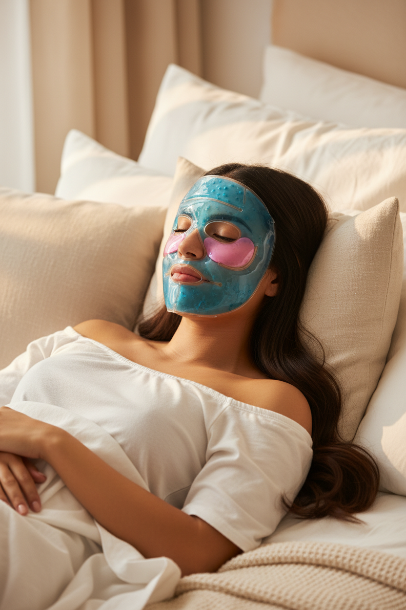Mujer latina con mascarilla de gel en cama – skincare Tusset