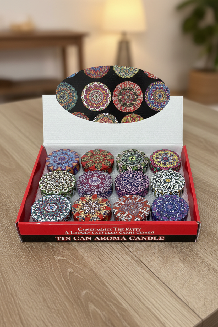 Caja de regalo roja abierta con 12 velas mandalas de soya