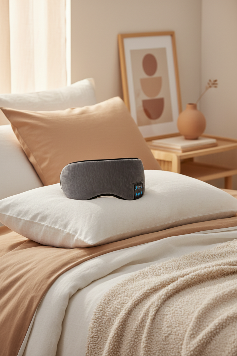 Antifaz bluetooth en cama con ropa de cama beige