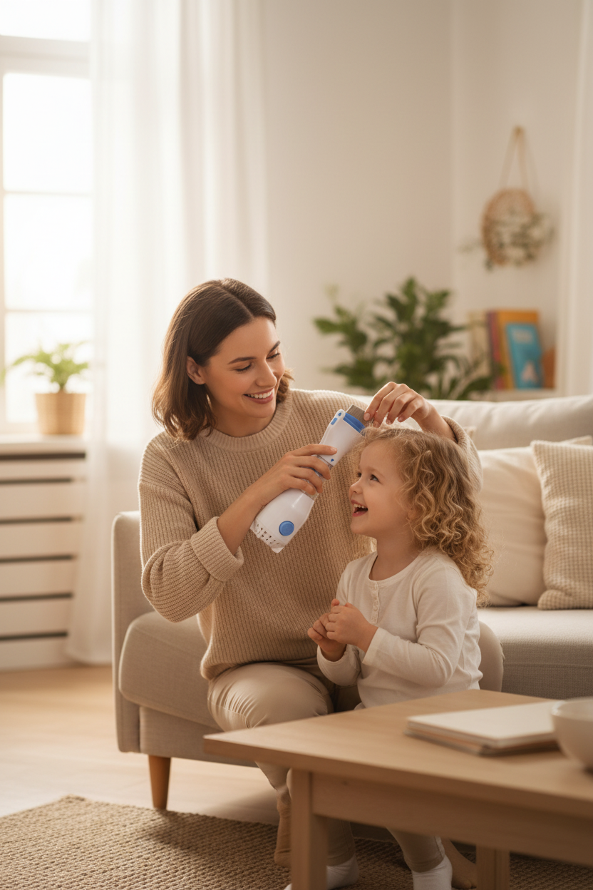 Escena familiar con peine anti piojos – Tusset
