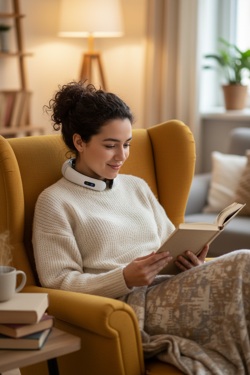 Modelo latina leyendo con masajeador cervical inalámbrico