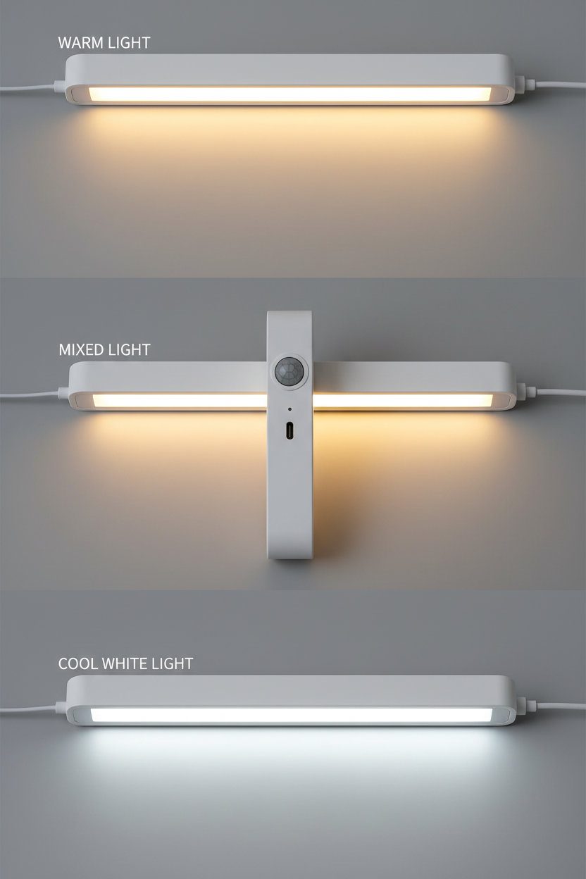 Detalle de lámpara LED mostrando 3 modos de luz y sensor de movimiento