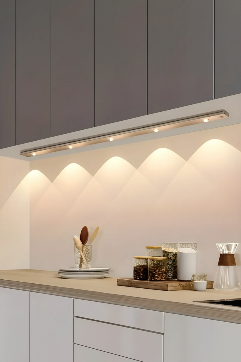 Lámpara LED bajo gabinete de cocina con iluminación cálida