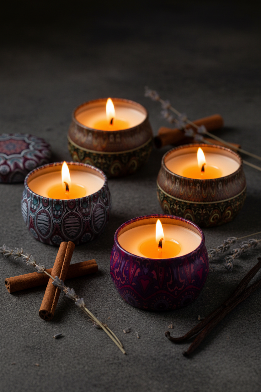 Las 4 velas aromáticas encendidas con props naturales