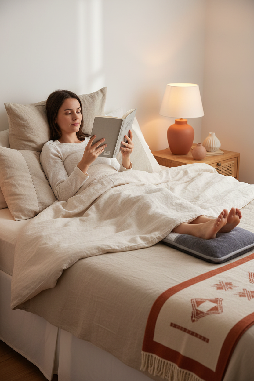 Mujer leyendo en cama con calentador de pies – Tusset
