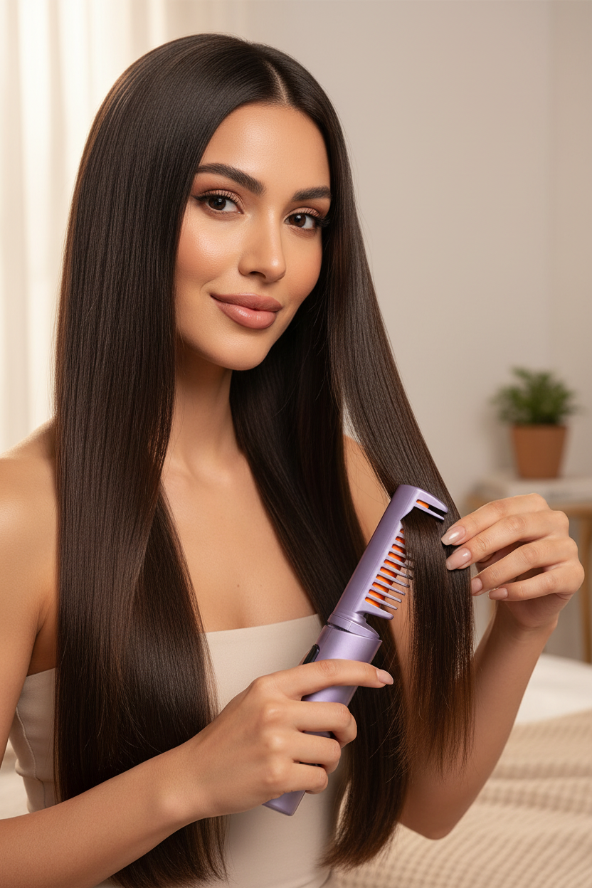 Mujer latina con cabello liso largo usando el peine alisador inalámbrico lila