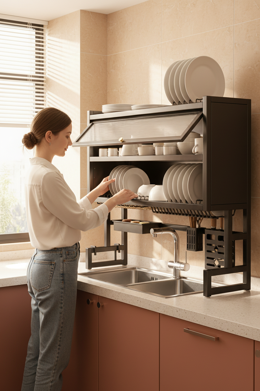 Mujer colocando platos en escurridor sobre fregadero de 85cm