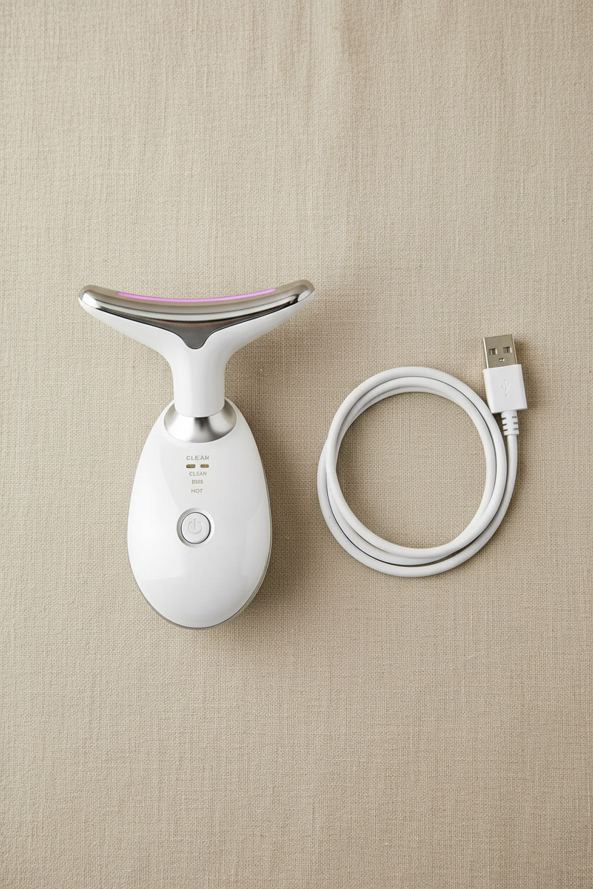 Flat lay masajeador facial LED blanco con cable sobre lino beige