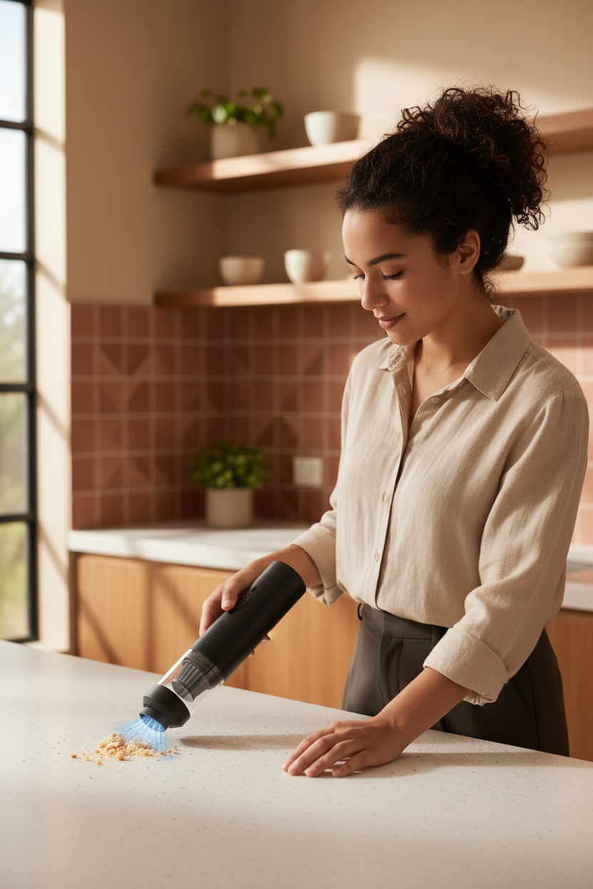 Mujer usando aspiradora portátil EG-121 en cocina
