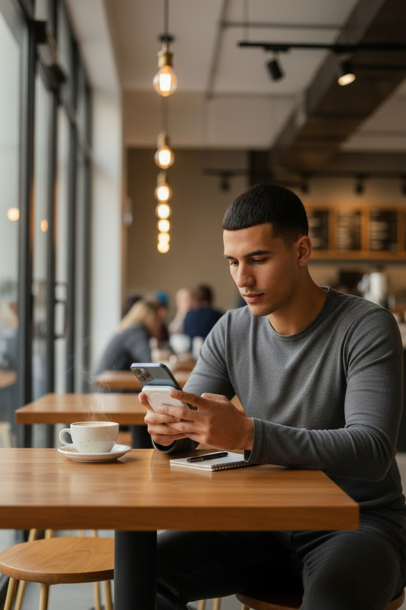 Hombre latino en cafetería usando iPhone con Power Bank MagSafe