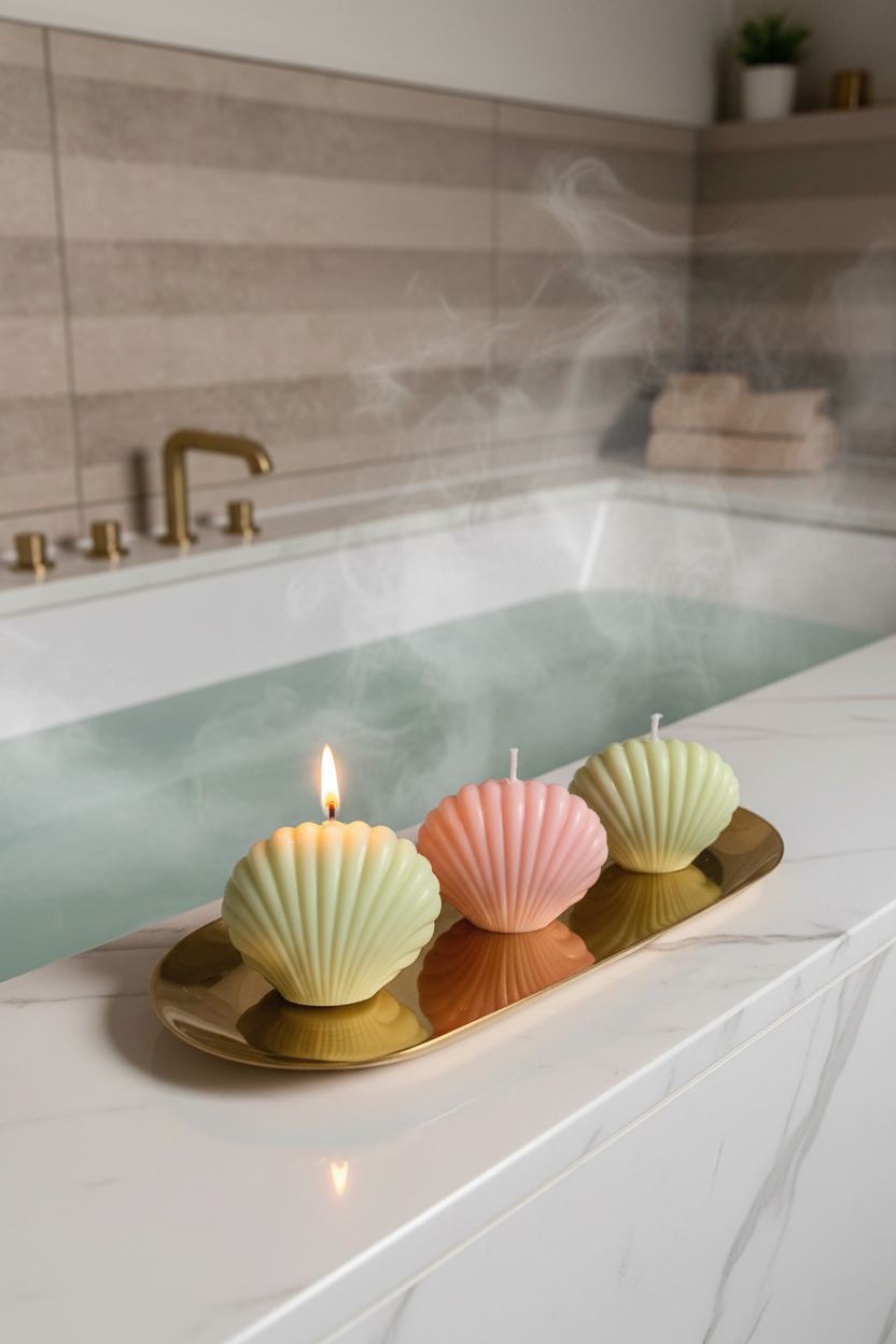 Velas concha marina en repisa de baño estilo spa