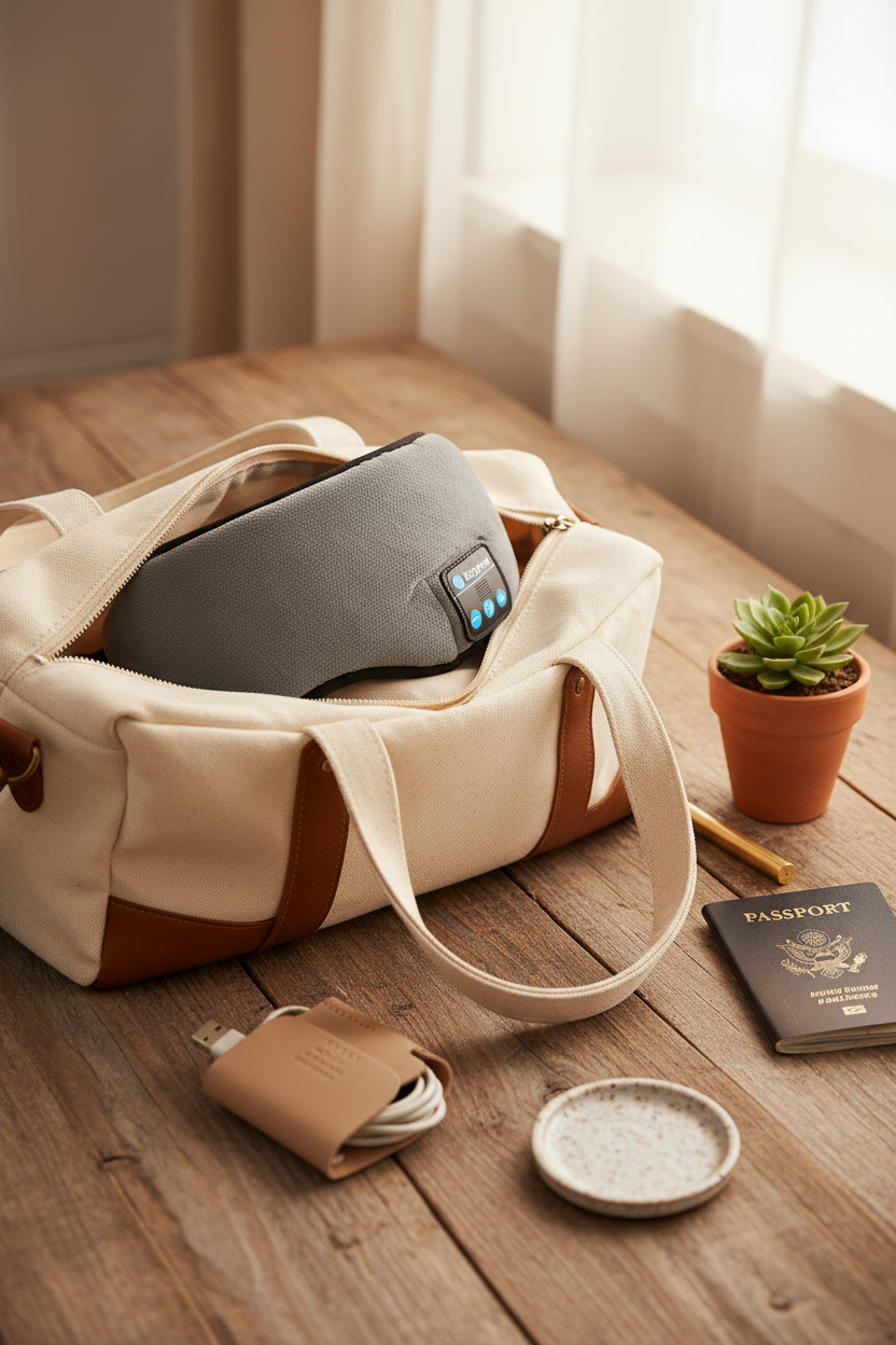 Antifaz bluetooth en bolso de viaje
