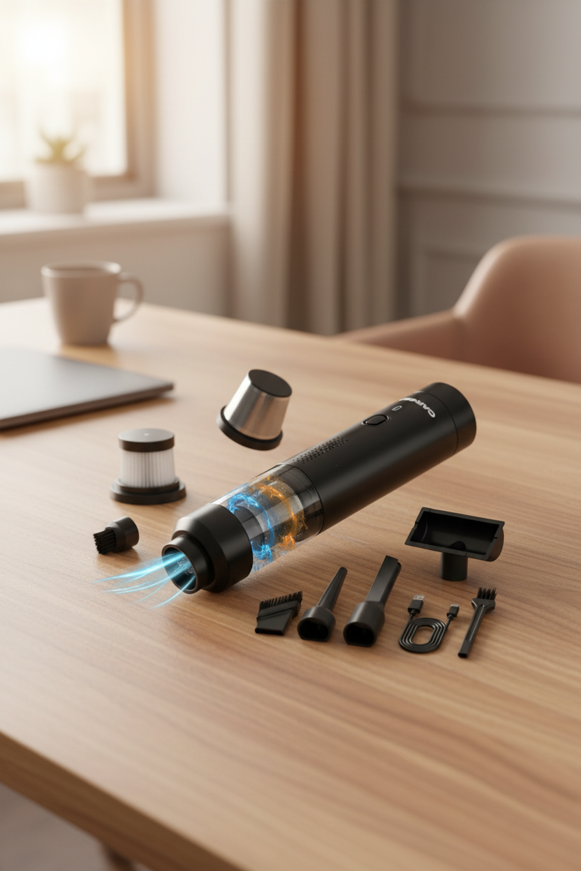 Aspiradora Portátil EG-121 con accesorios en home office