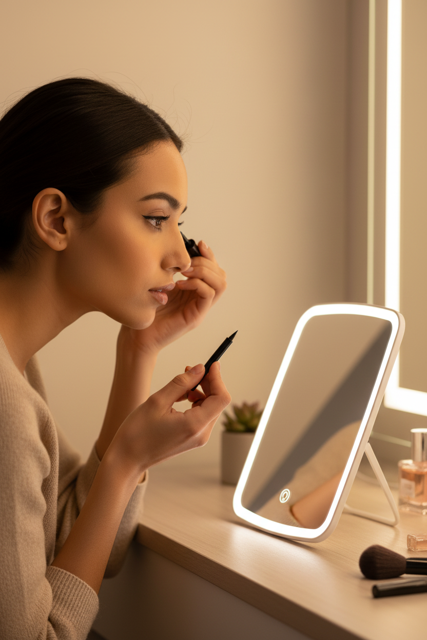 Mujer aplicando delineador con espejo LED de tamaño compacto