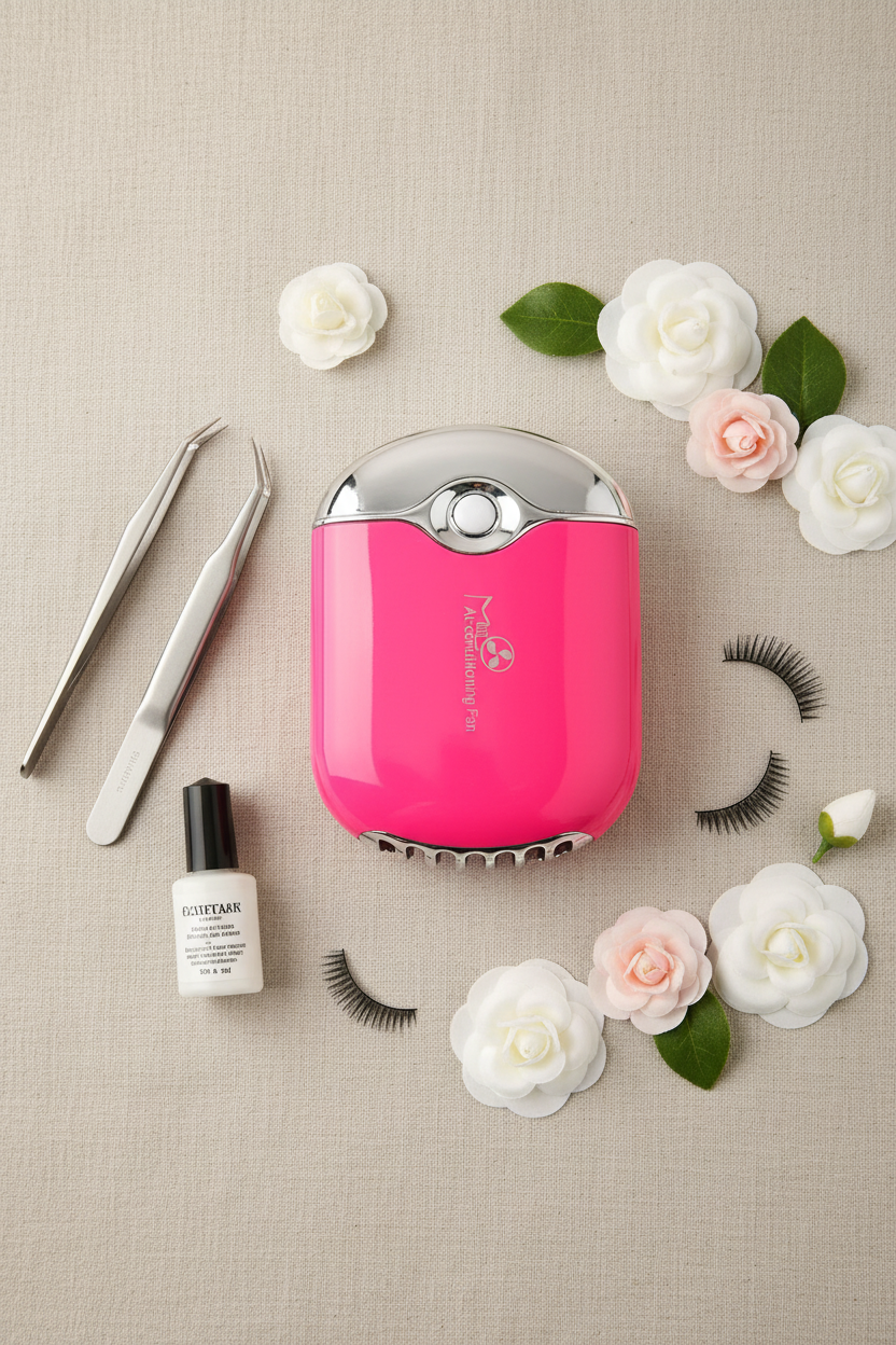 Flat lay mini ventilador pestañas con accesorios de belleza