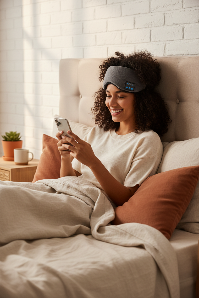 Mujer latina con antifaz bluetooth sentada en cama