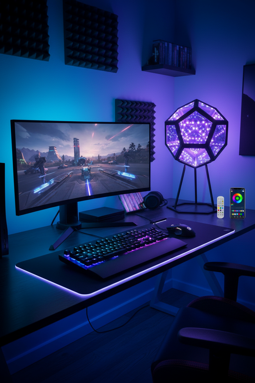 Lámpara RGB dodecaedro en setup gaming con iluminación ambiental