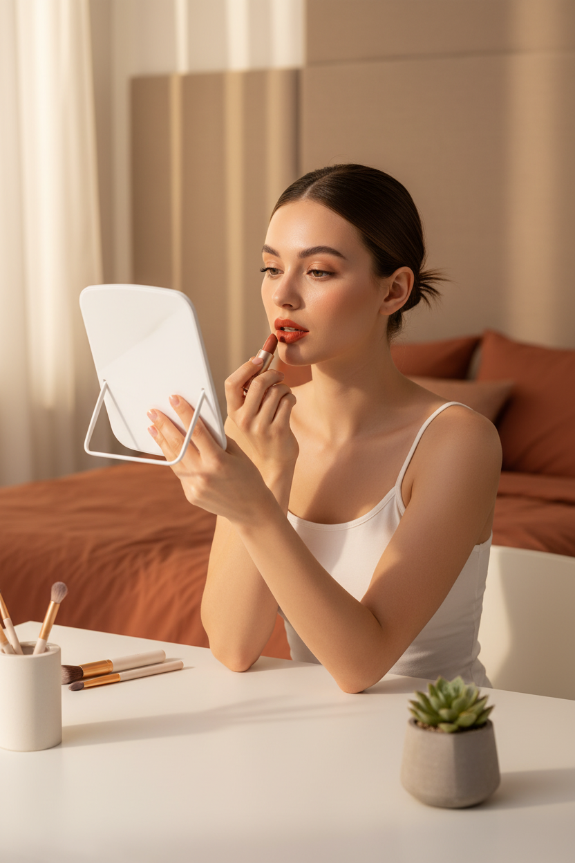 Mujer aplicando labial con espejo LED portátil