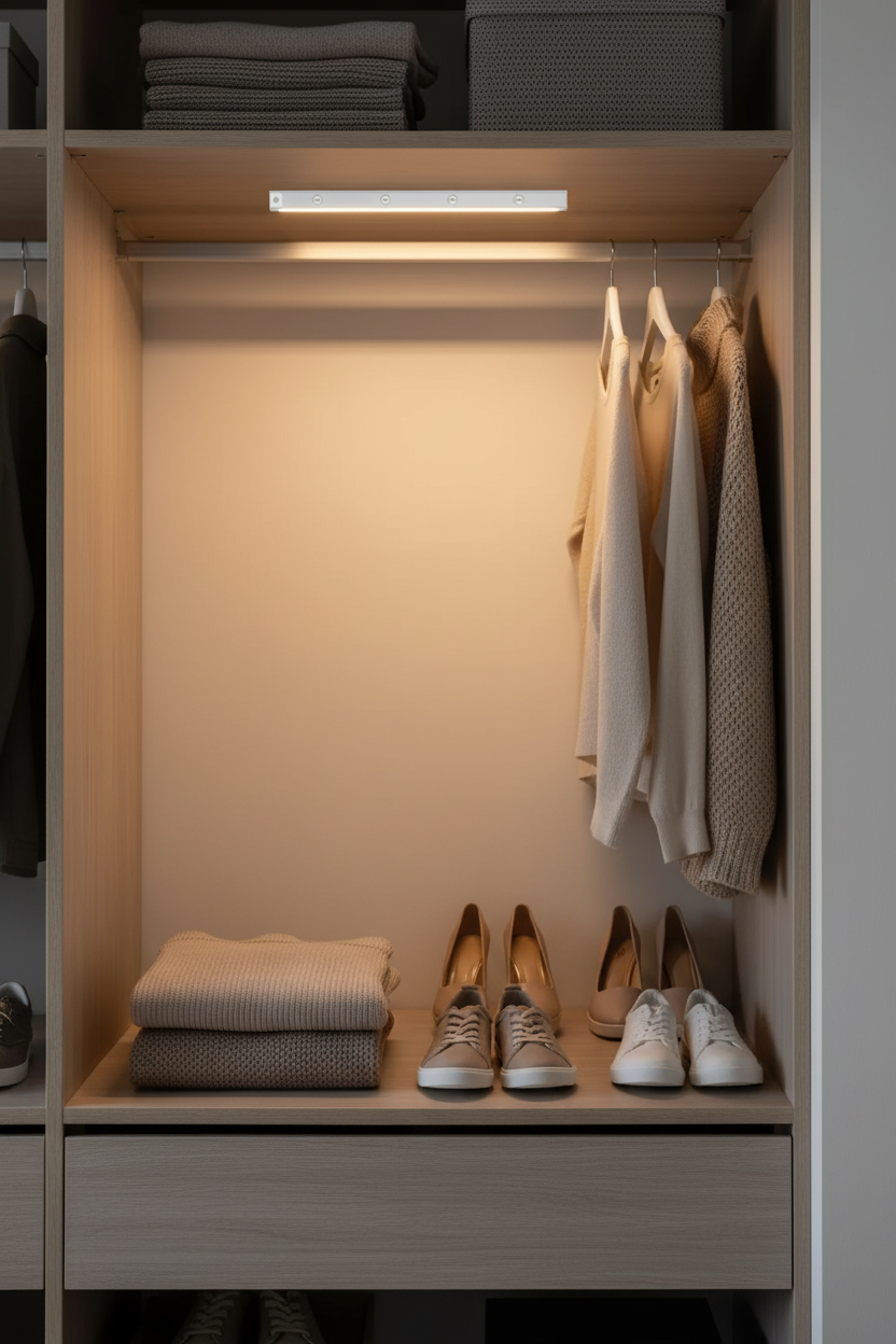Lámpara LED con sensor instalada en clóset iluminando ropa