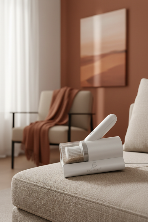 Aspiradora de ácaros UV sobre sofá beige – sin personas