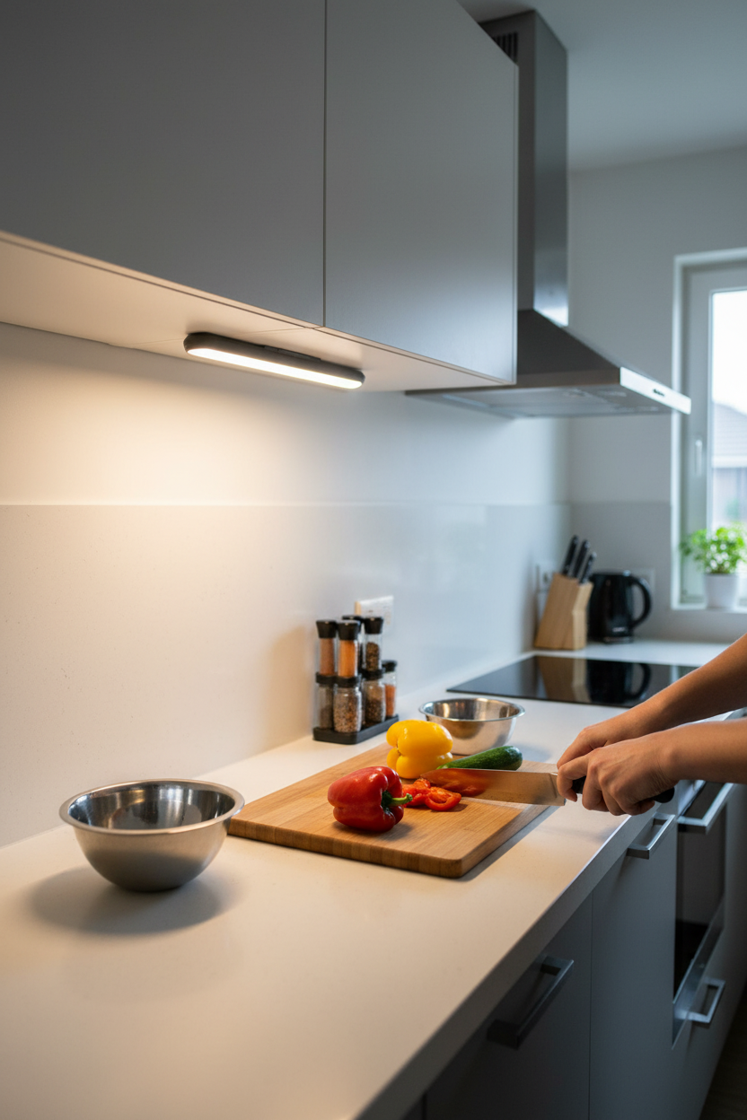 Lámpara LED magnética bajo gabinete de cocina iluminando