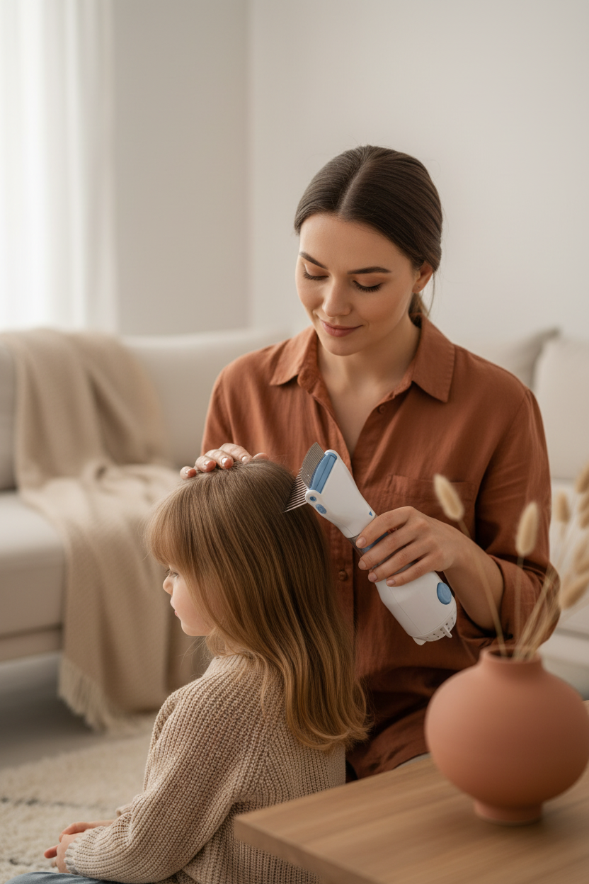 Mamá peinando a su hijo con peine anti piojos – Tusset