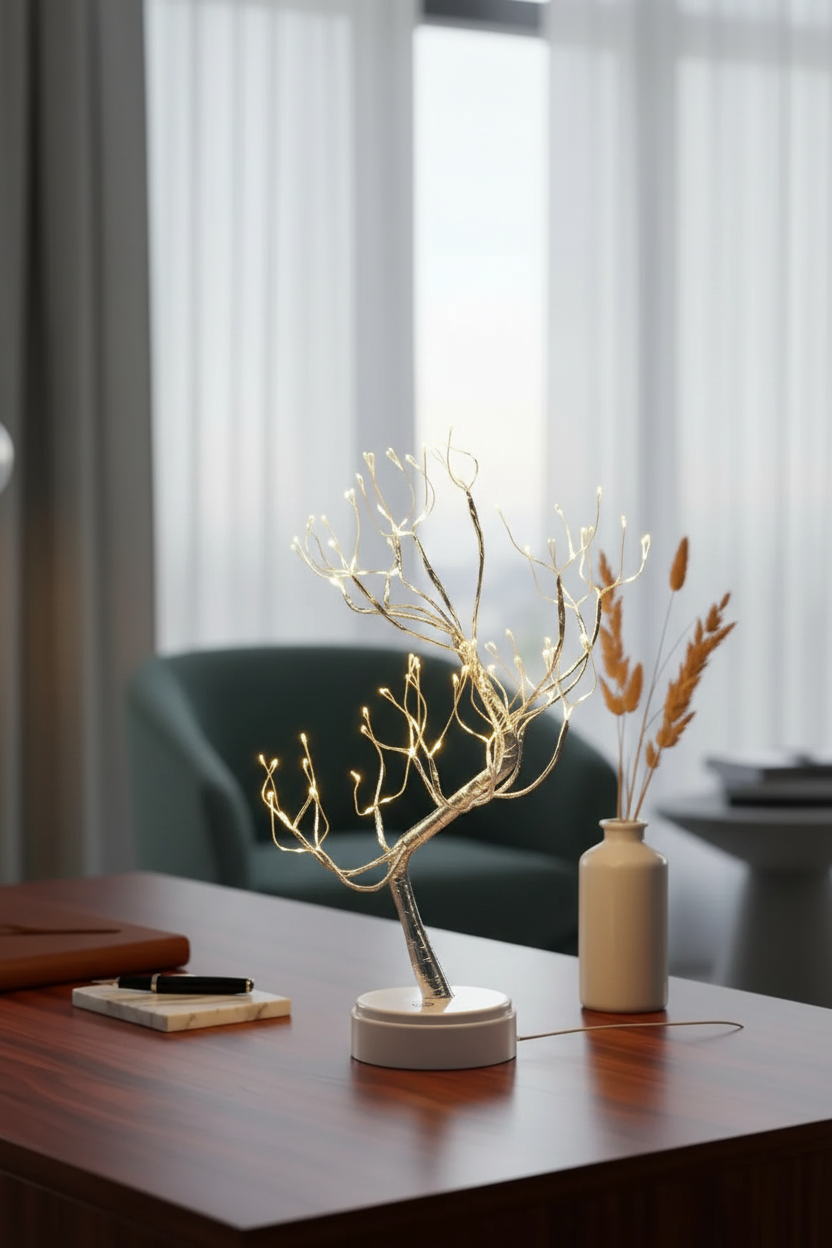 Lámpara bonsái LED en escritorio con flores secas