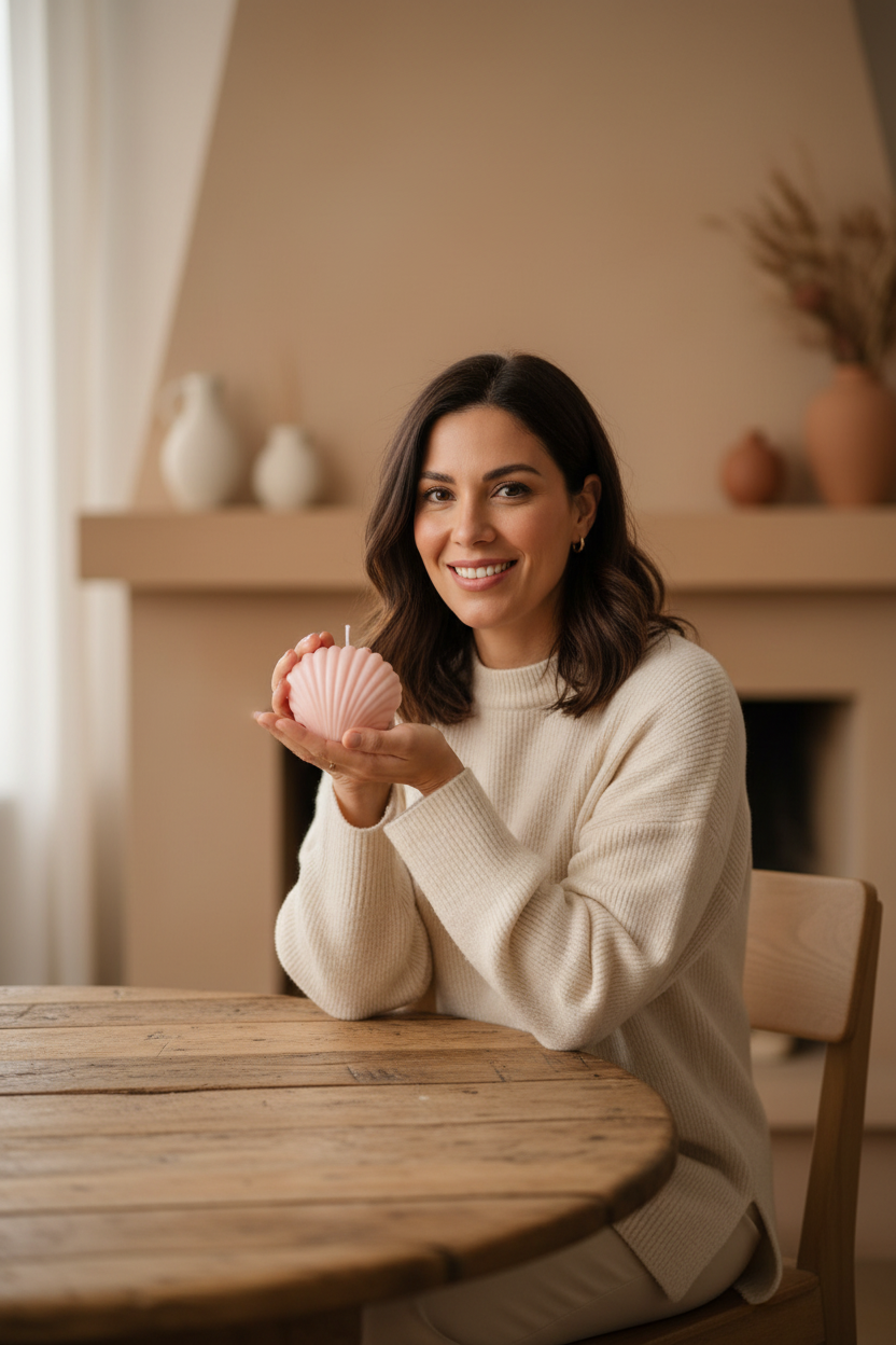 Mujer sosteniendo vela aromática concha marina