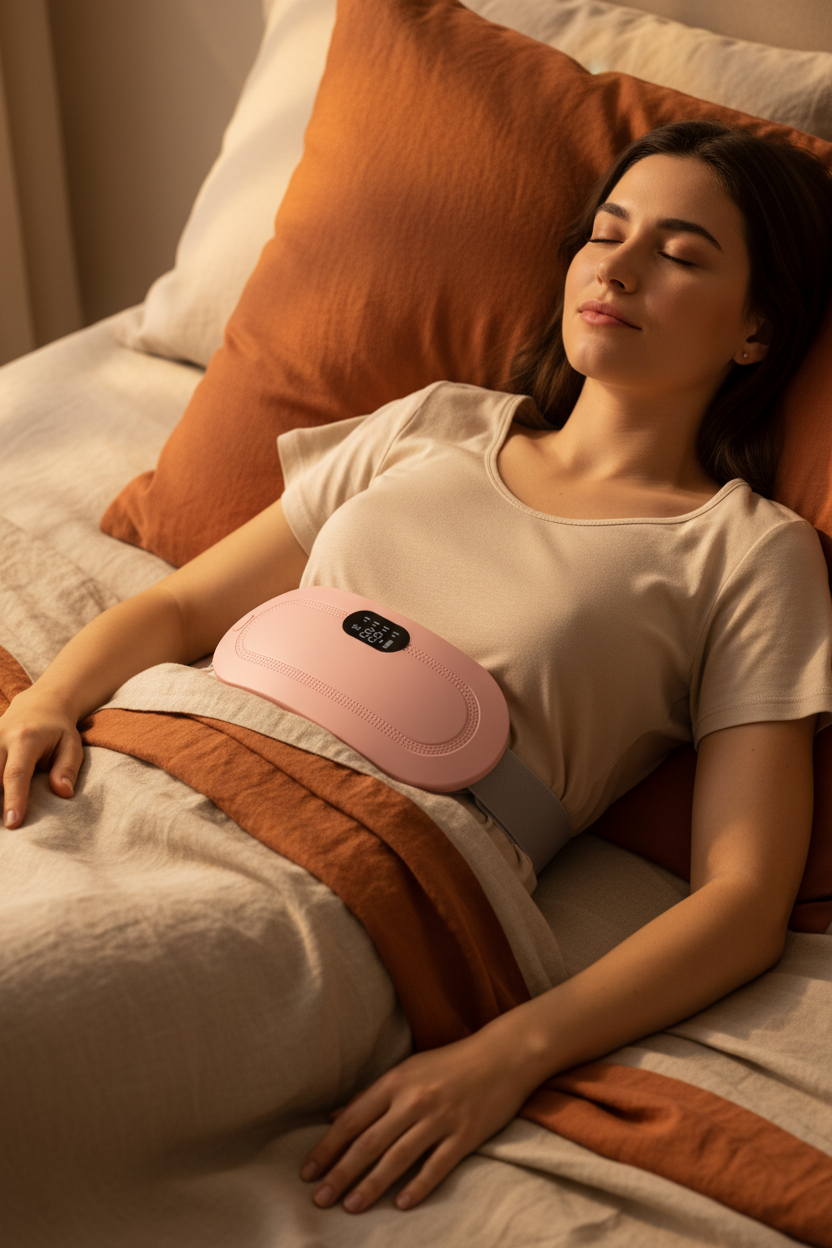 Mujer descansando con cinturón térmico – Tusset