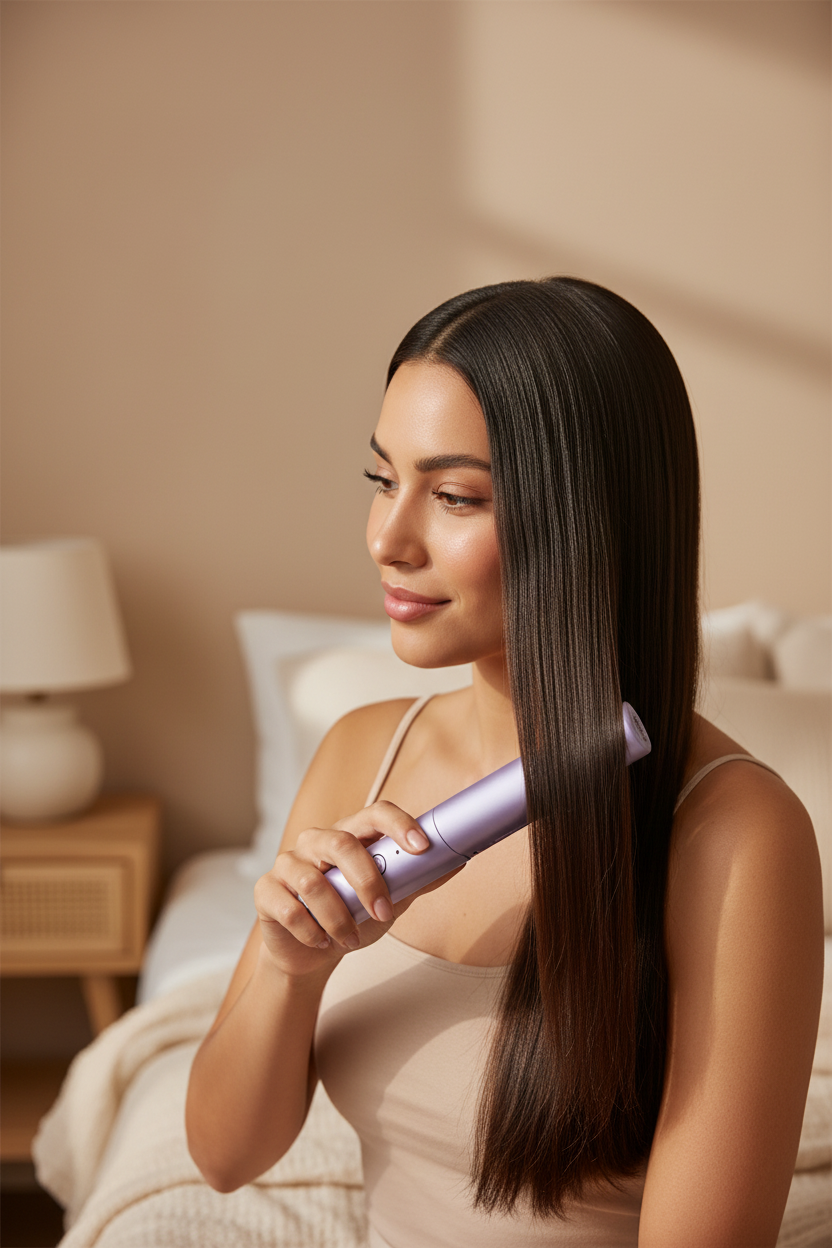 Mujer latina con cabello liso largo usando el peine alisador mini lila