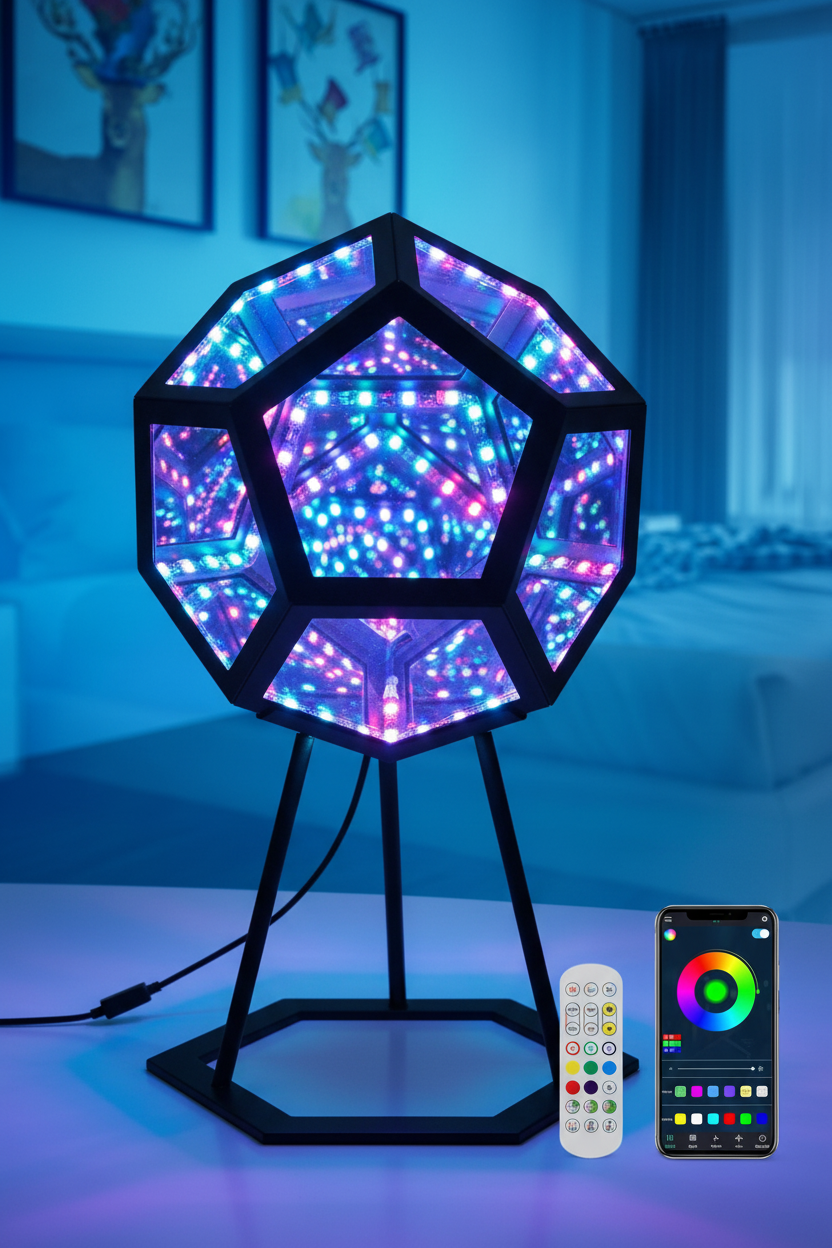 Detalle del efecto infinito y modos de color de lámpara dodecaedro
