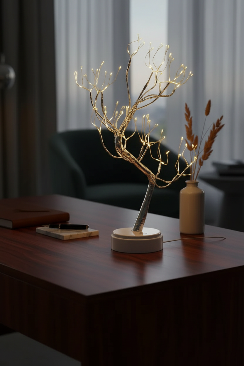 Lámpara bonsái LED en mesa de noche – ambiente cálido