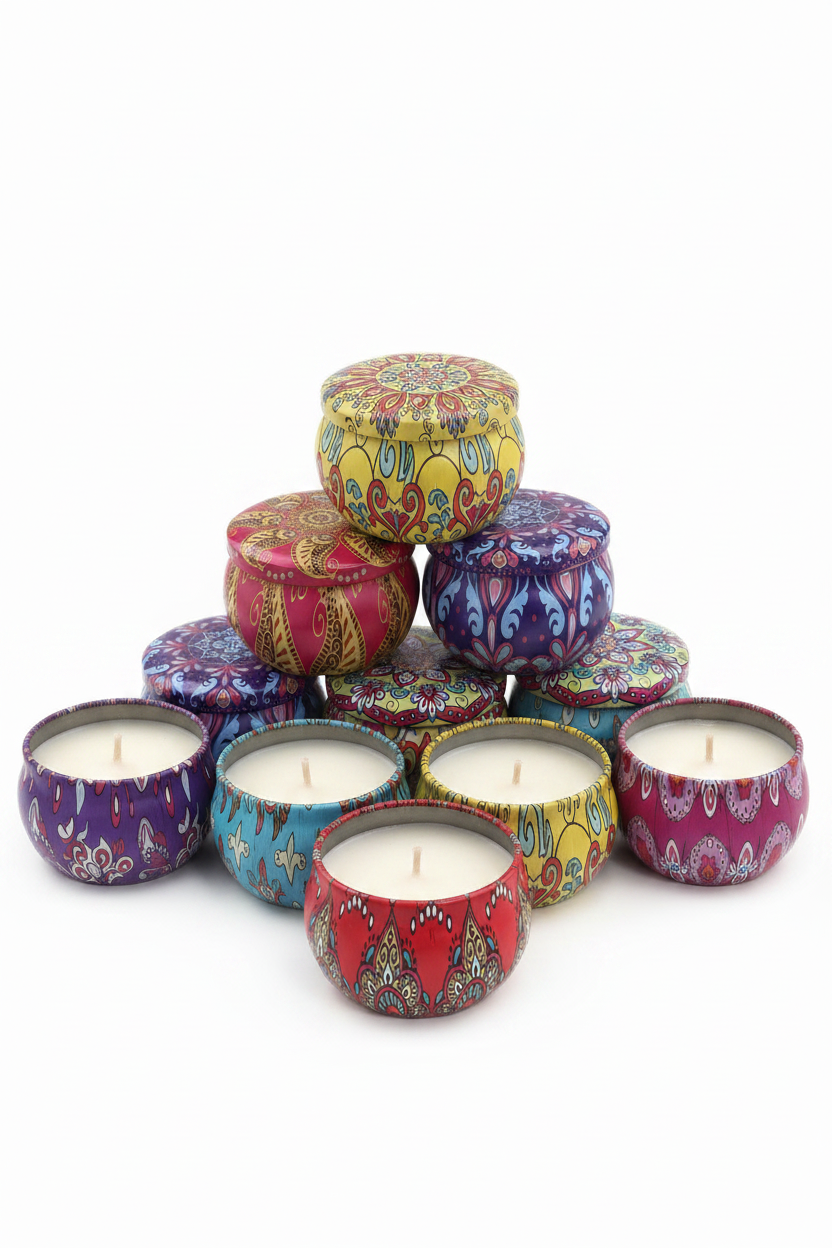 Set x12 velas mandalas en pirámide sobre fondo blanco