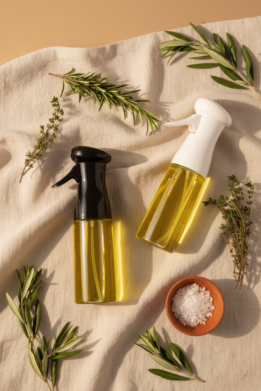Flat lay pulverizador de aceite en vidrio – Tusset