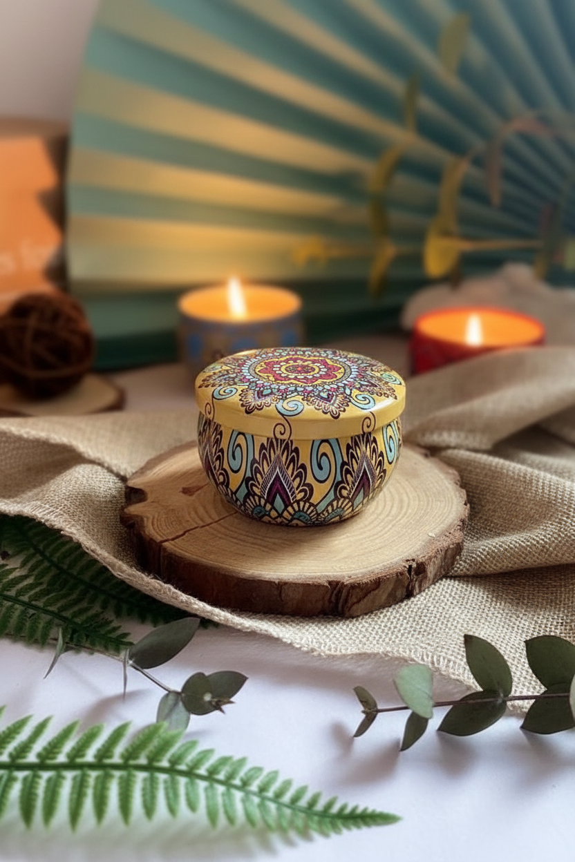 Vela mandala amarilla individual sobre madera con ambiente spa