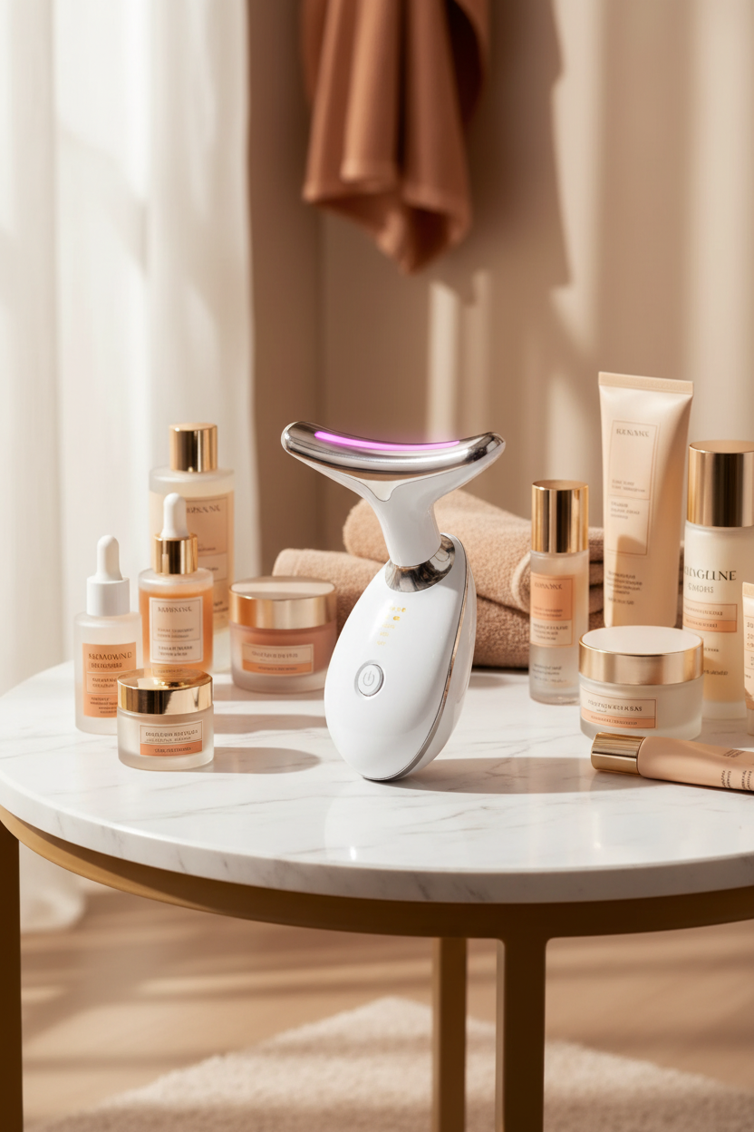 Masajeador facial LED en tocador con productos de skincare – sin personas