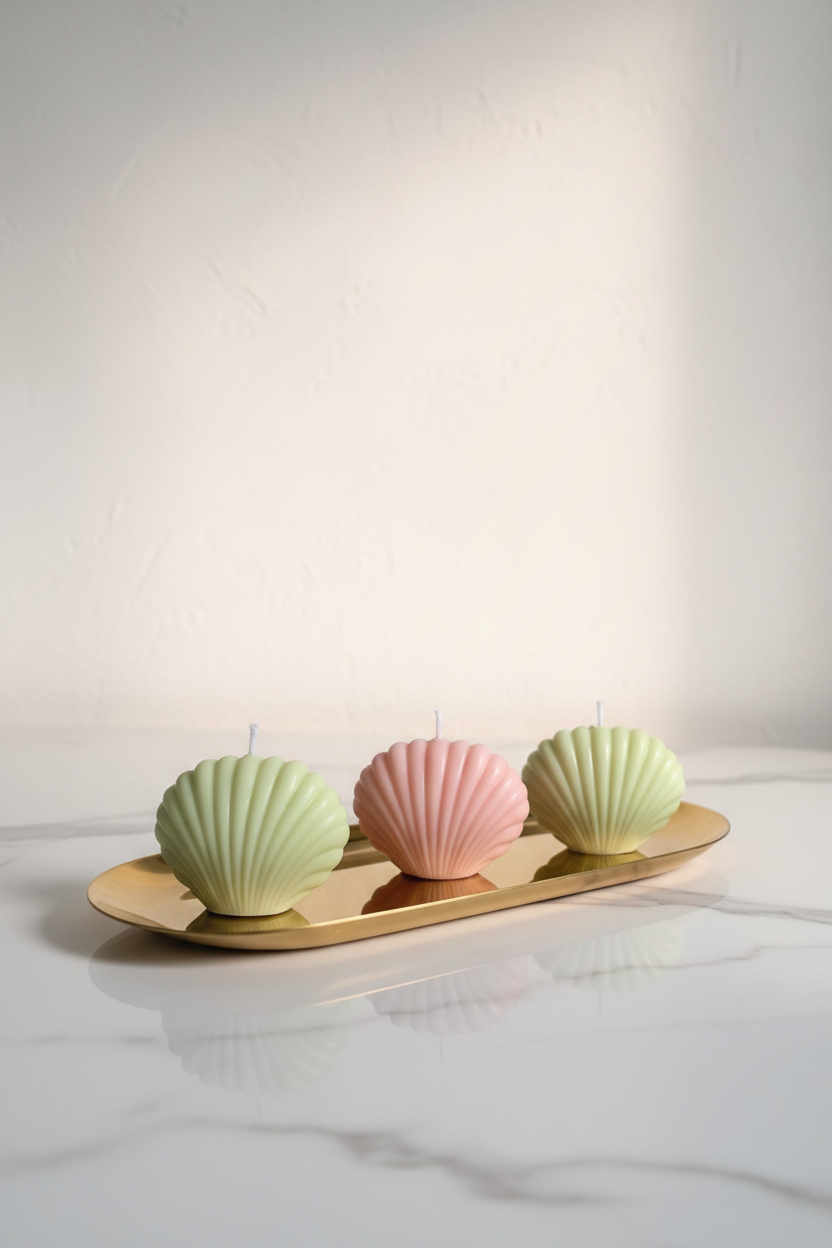 Tres velas aromáticas en forma de concha marina sobre bandeja dorada