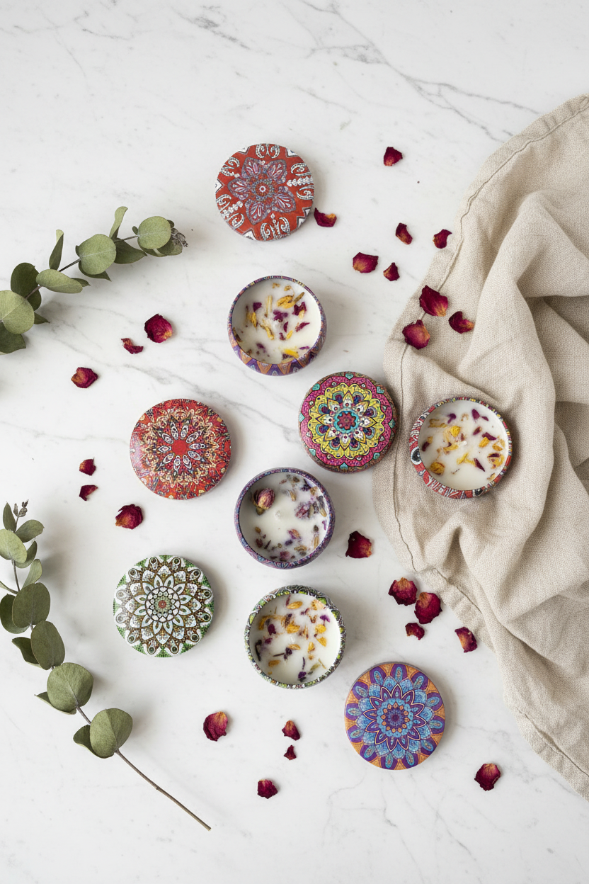 Flat lay velas mandalas abiertas con cera de soya y flores secas