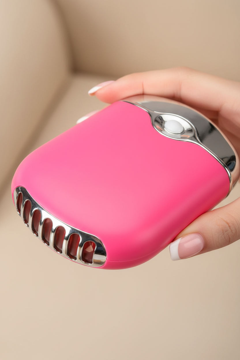 Close-up mini ventilador pestañas en mano con manicure