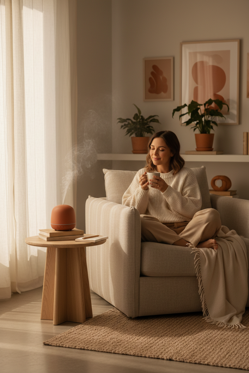 Lifestyle mujer con difusor en hogar decoración terracota