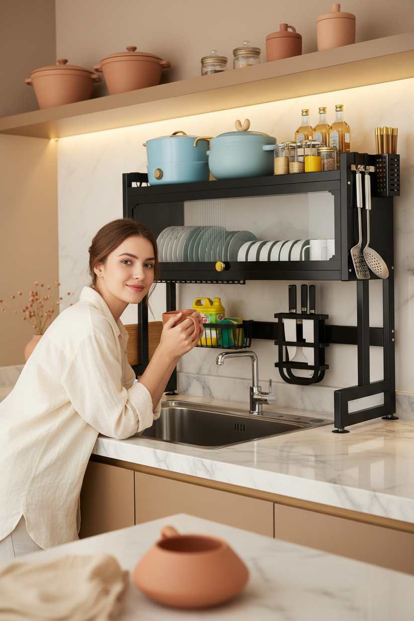 Cocina moderna organizada con escurridor de 1 nivel sobre fregadero