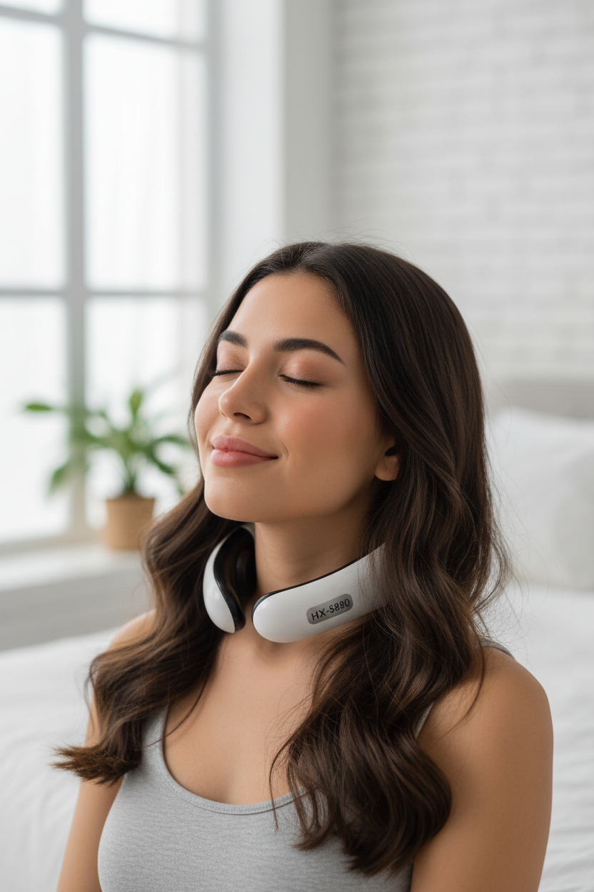 Modelo latina sonriendo usando masajeador cervical HX-5880